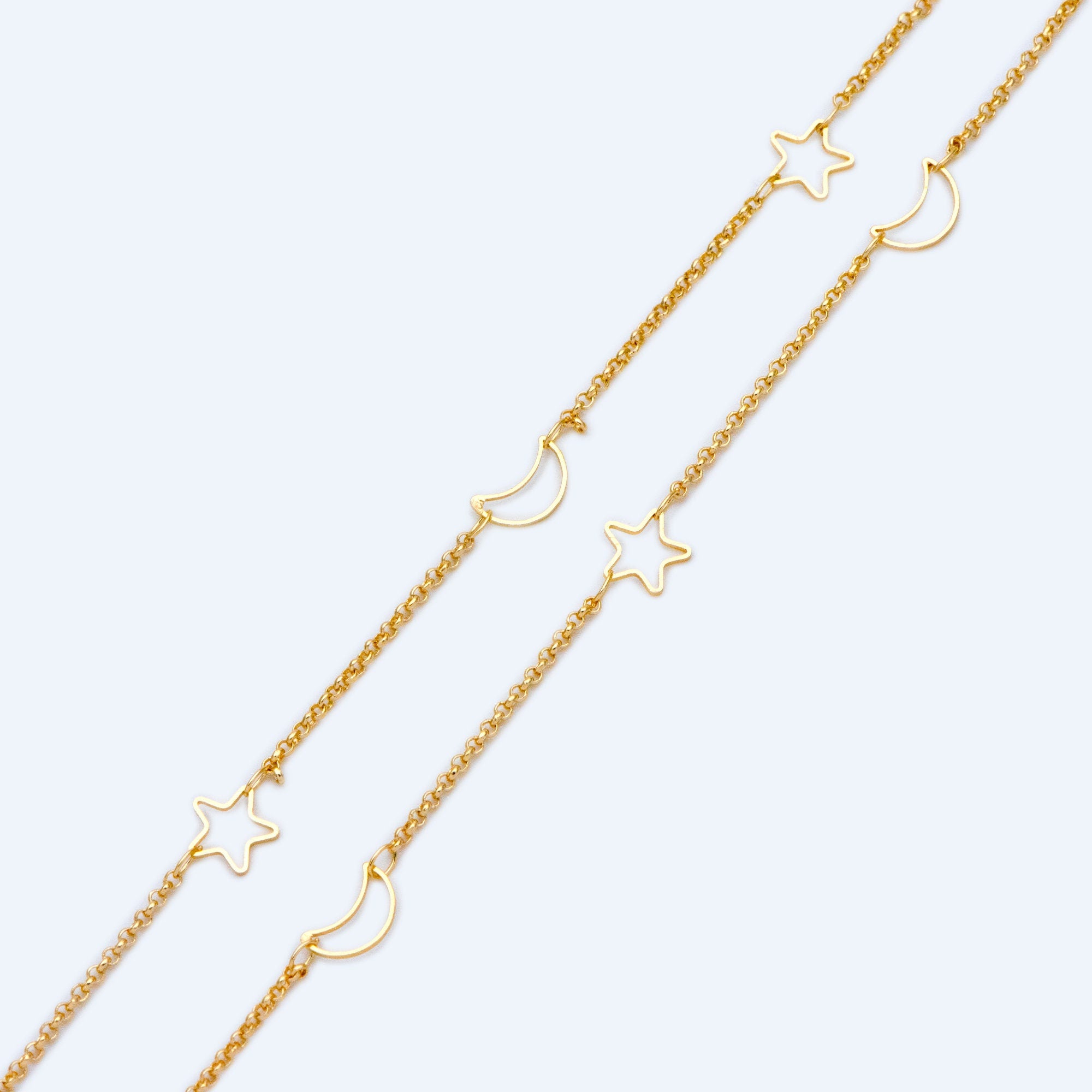 Gold Star And Moon Chain, 18K Gold plated Brass Star And Crescent Chain Wholesale (#LK-419)/ 1 Meter=3.3ft